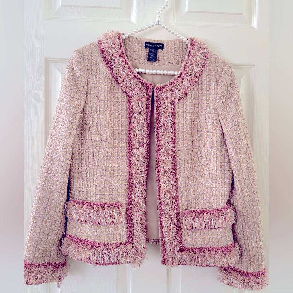 Boston Proper Blazer Mauve with Beige and Gold thread throughout & frayed trim.